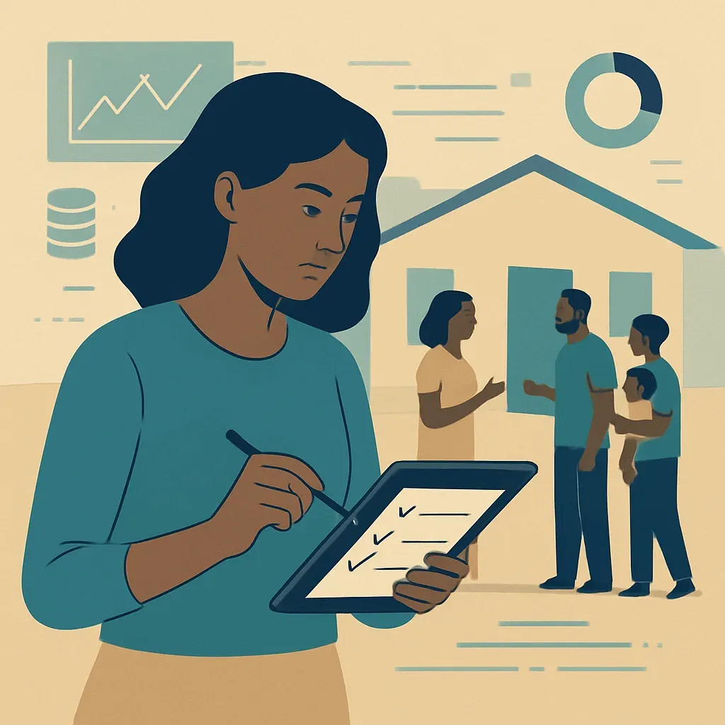 Anthropologist doing digital fieldwork with a tablet and AI data overlays