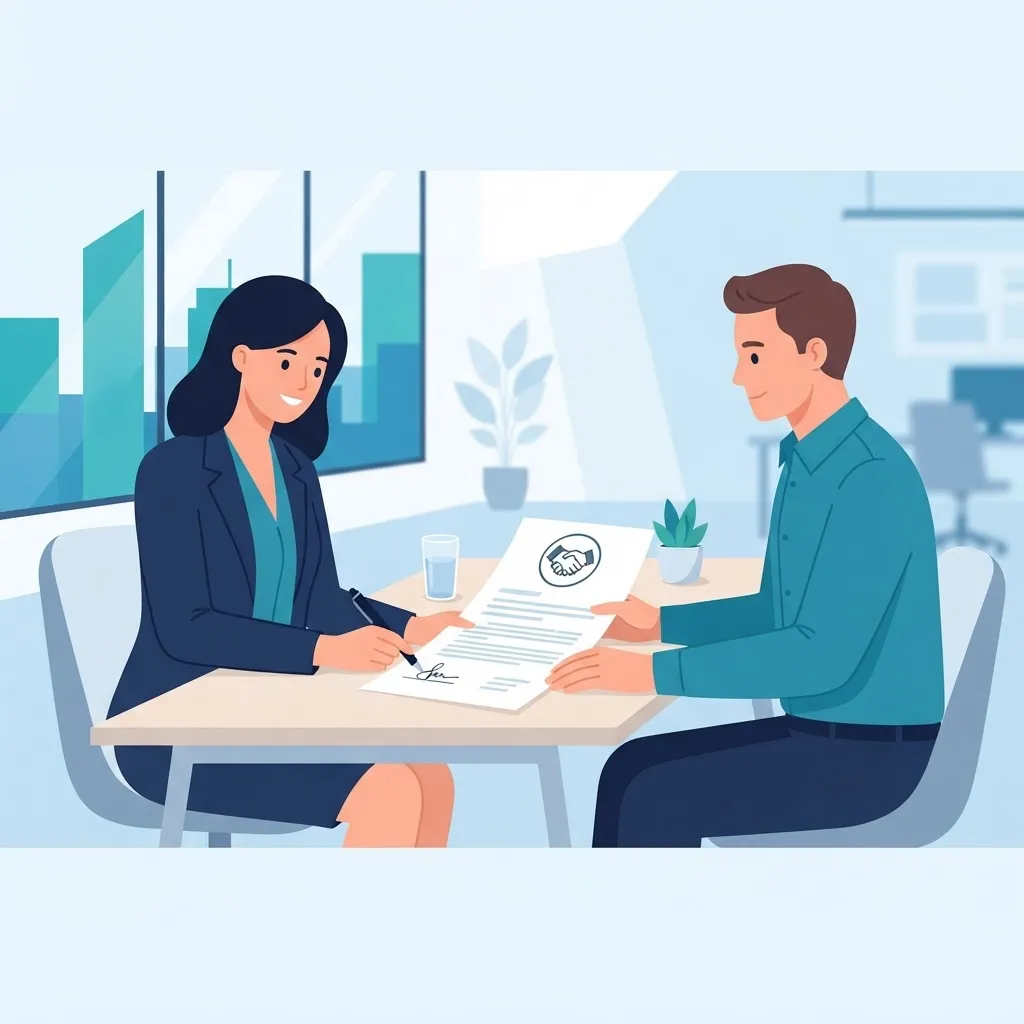 Two people signing a business agreement with a handshake icon