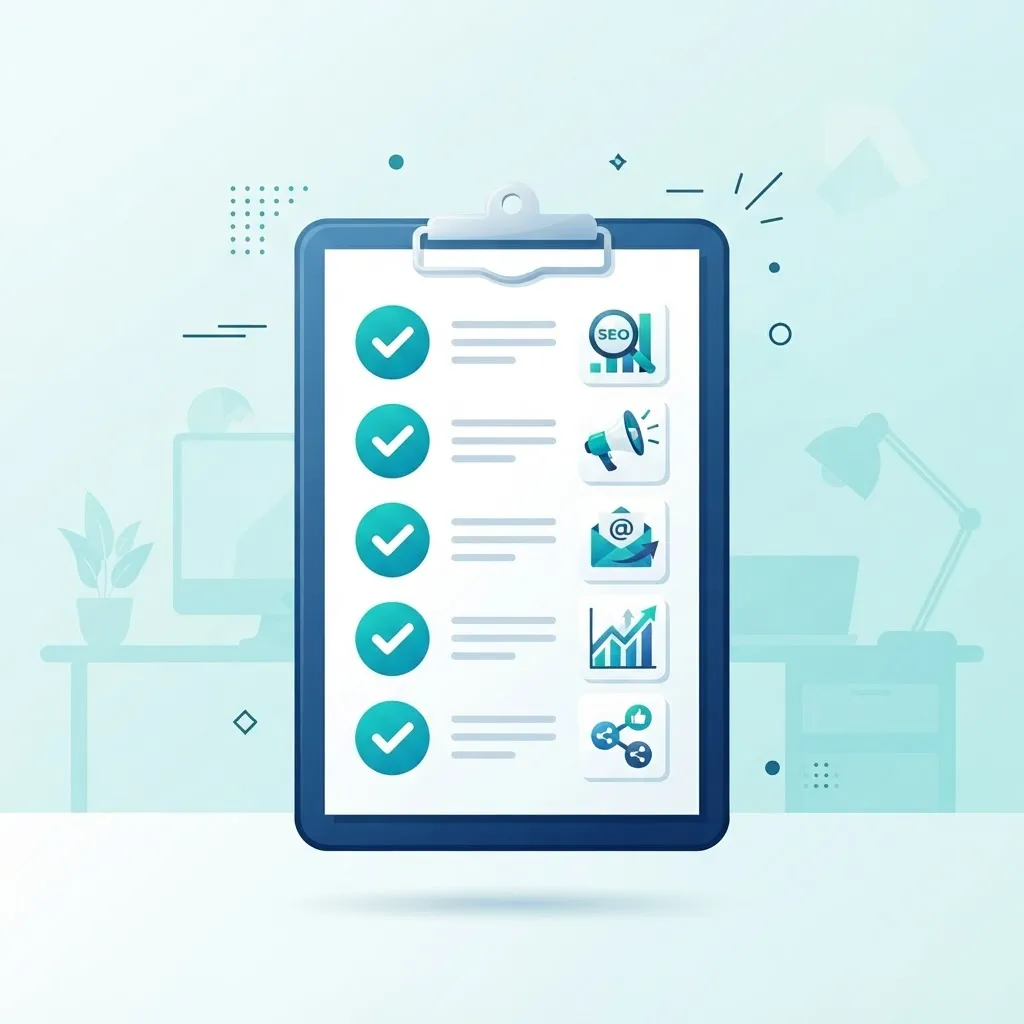 Digital marketing agency evaluation checklist with marketing icons