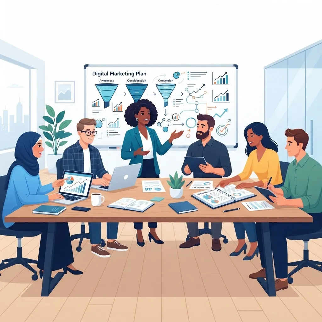 Digital marketing agency team collaborating on campaign strategy