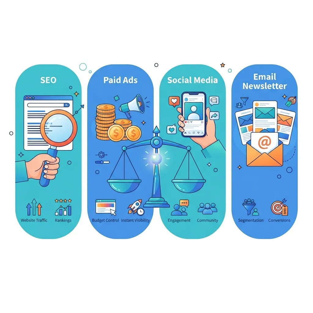 Comparison illustration of digital marketing channels balanced on a scale
