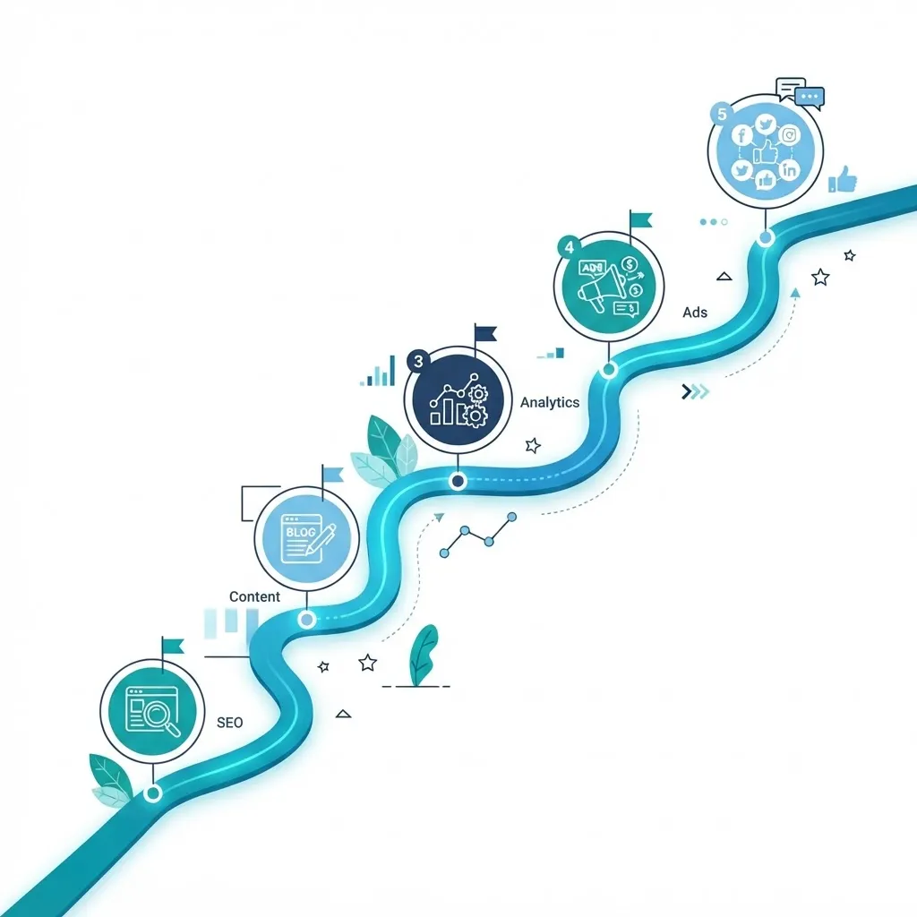 Digital marketing skills roadmap with milestone icons