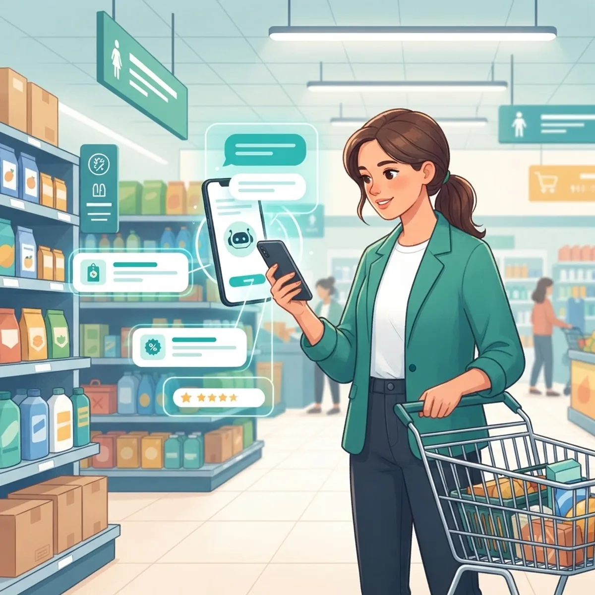 Shopper using an AI chatbot assistant in a bright discount store
