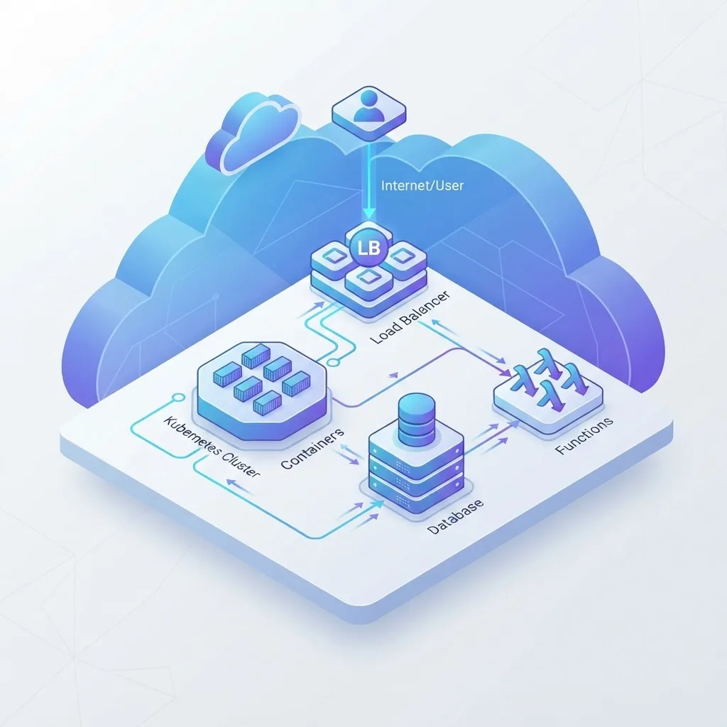 Isometric cloud architecture with containers, load balancer, and managed database