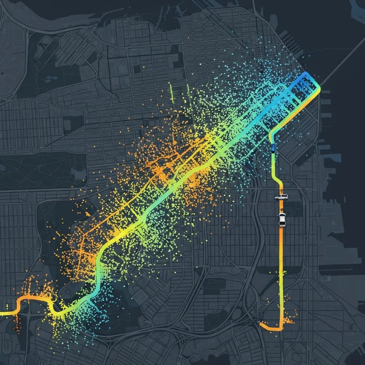Drive test measurement points plotted as a colored route across city streets