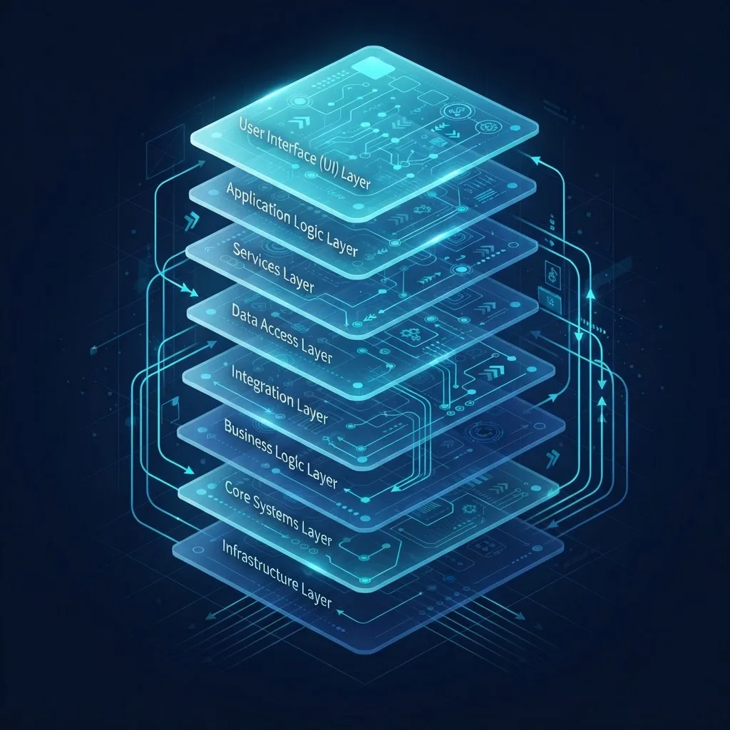 Layered desktop application architecture diagram with connected process nodes