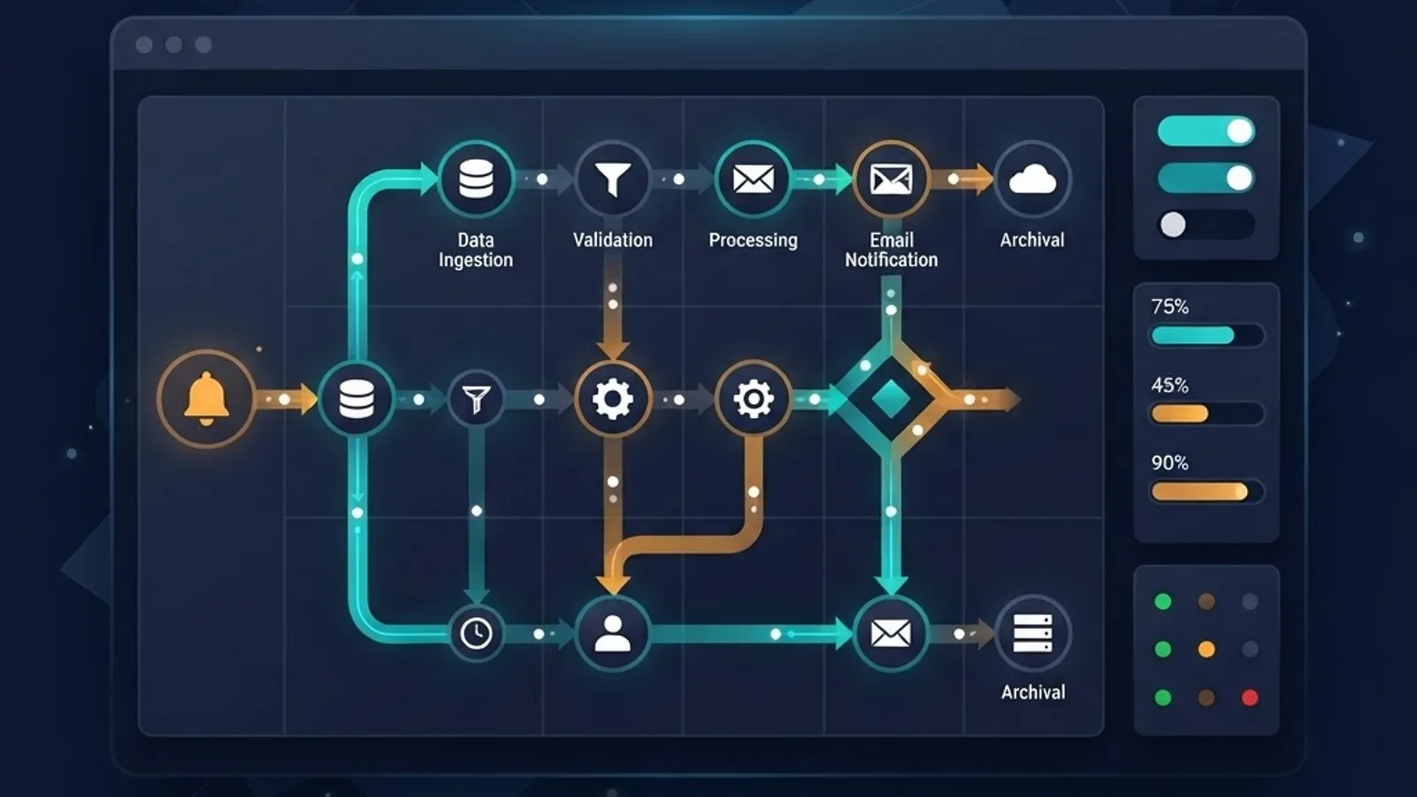 Workflow automation dashboard with connected process nodes