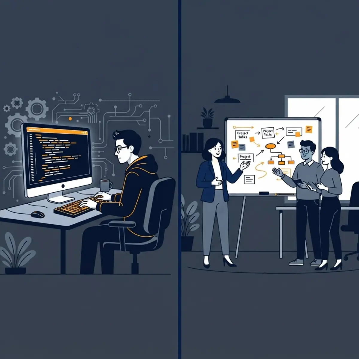 Engineering manager versus senior engineer comparison illustration