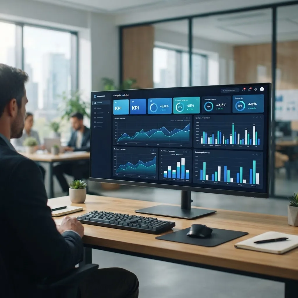 Enterprise intelligence analytics dashboard on a widescreen monitor