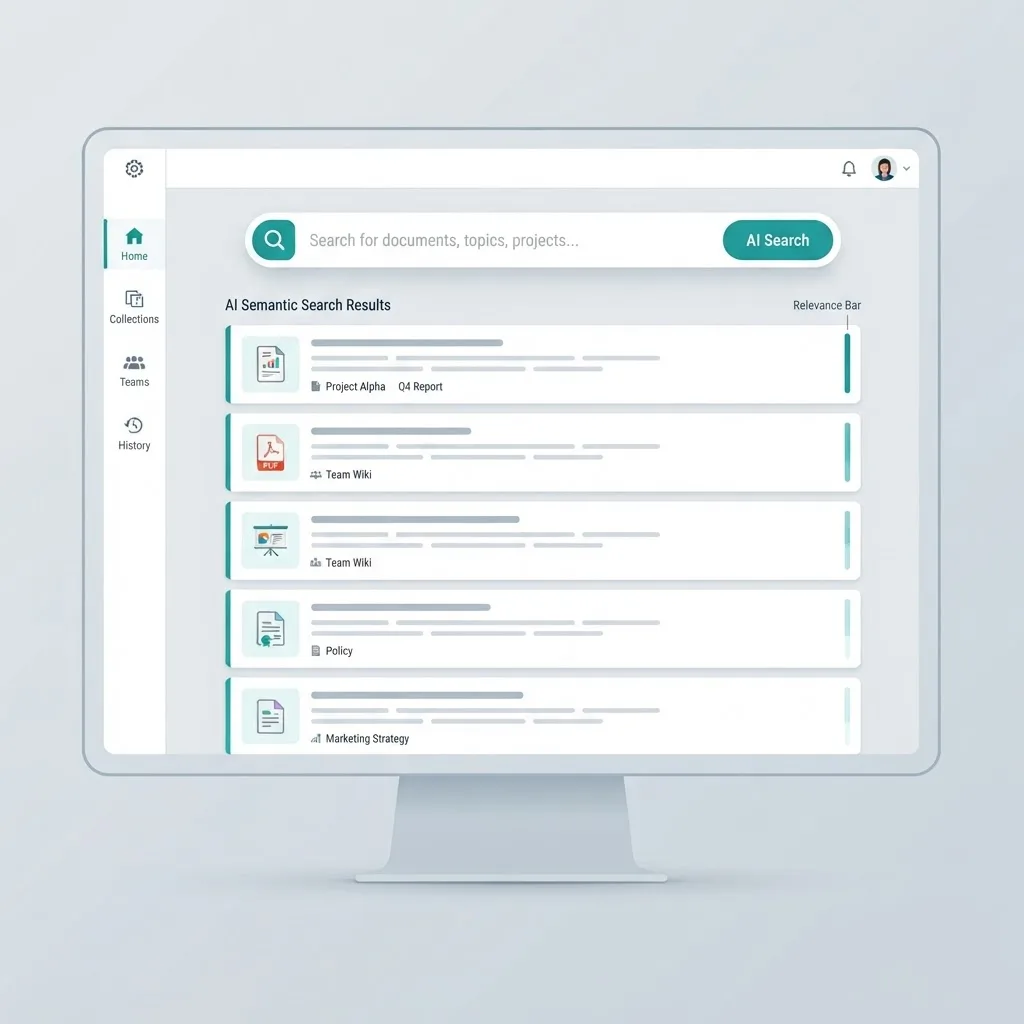Enterprise knowledge base interface showing AI semantic search with ranked document results