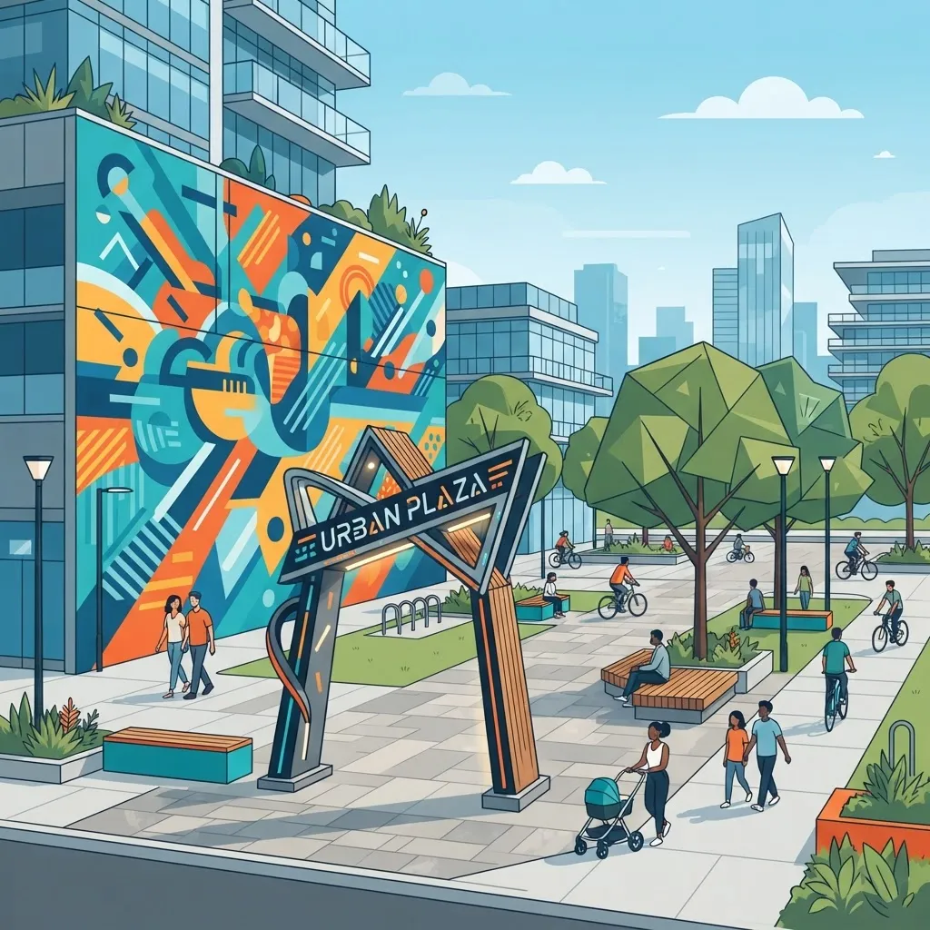 Urban plaza with a large colorful supergraphic mural and sculptural gateway signage