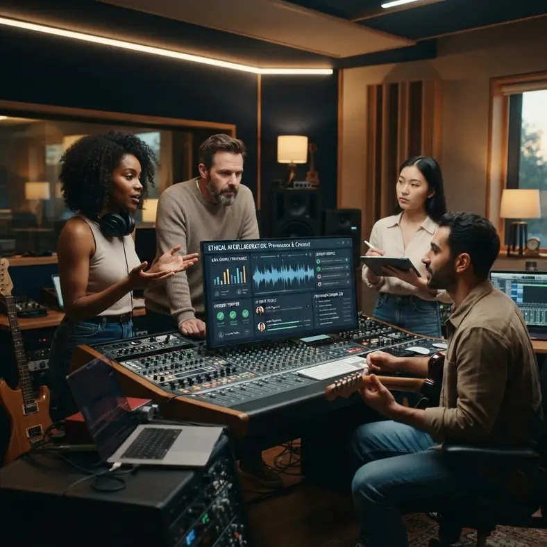 Musicians reviewing consent and provenance during an ethical AI session