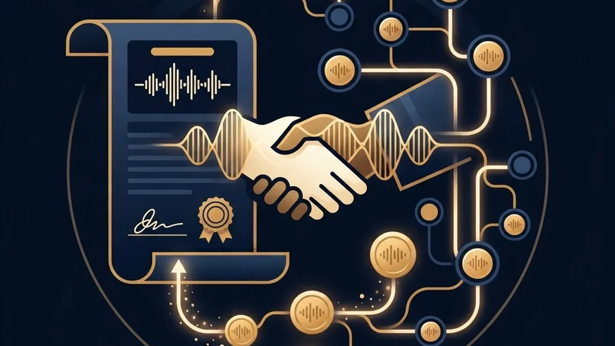 Ethical AI voice licensing, contract and royalty flow illustration