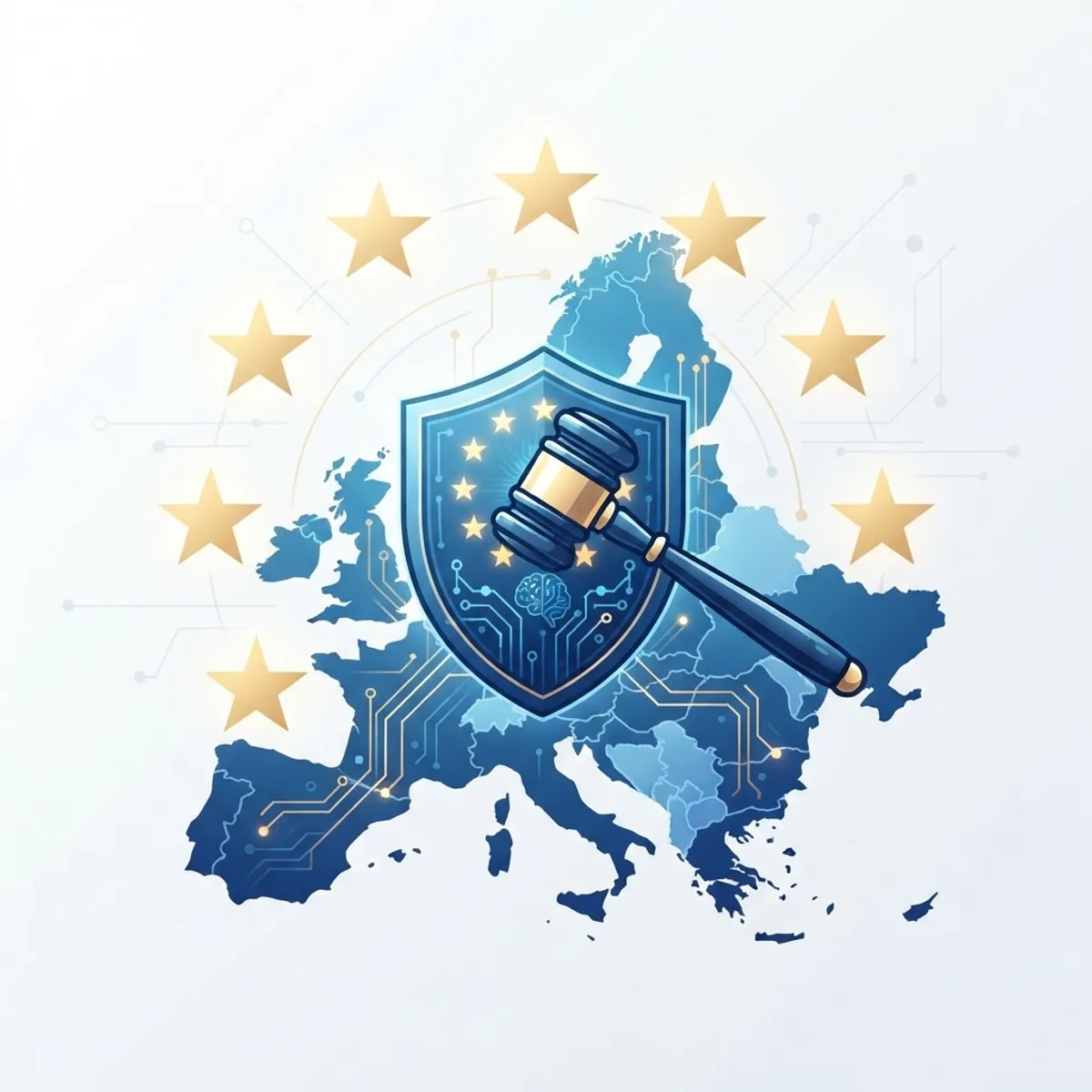 Gavel and digital shield over a map of Europe representing EU AI regulation