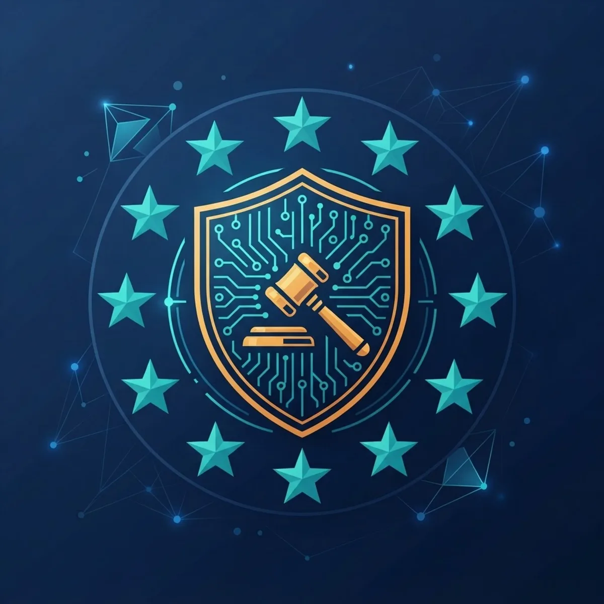European stars ring around a shield with circuit patterns and a gavel