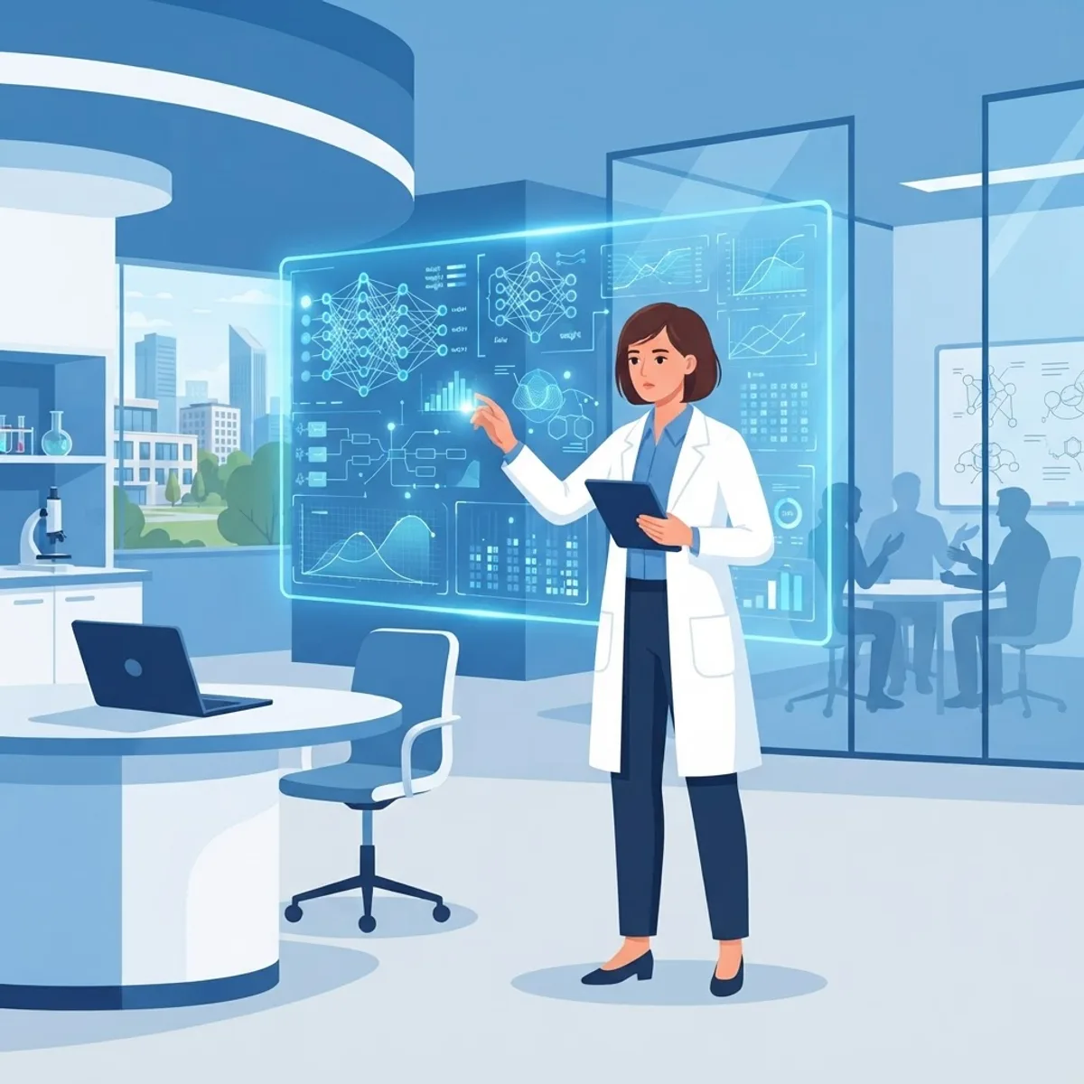 Scientist reviewing AI research data on holographic screens