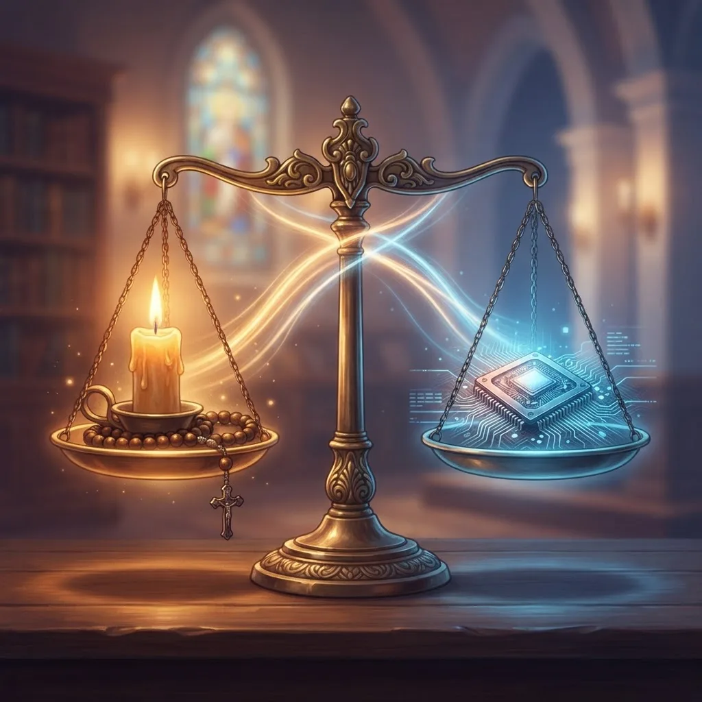 Balance illustration of candle and rosary versus a glowing microchip