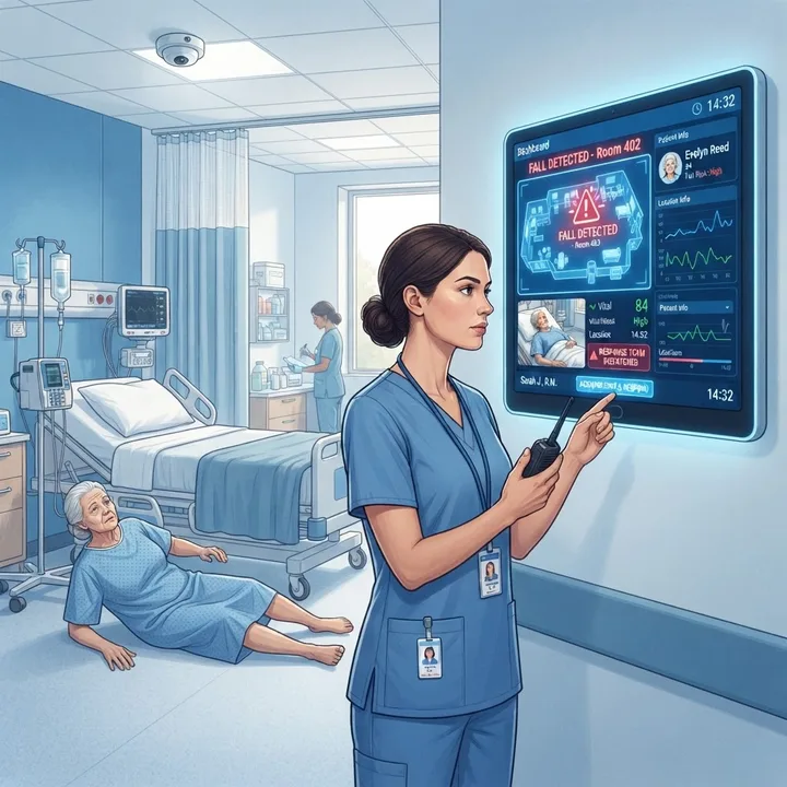 AI fall detection alerting staff in a modern hospital room