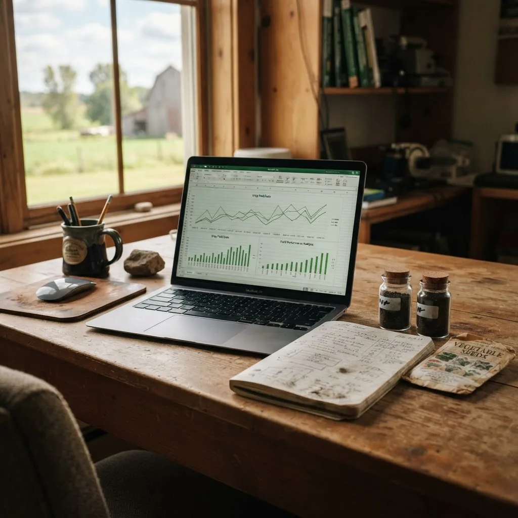 Farm office desk with laptop showing yield charts, a field notebook and soil sample jars