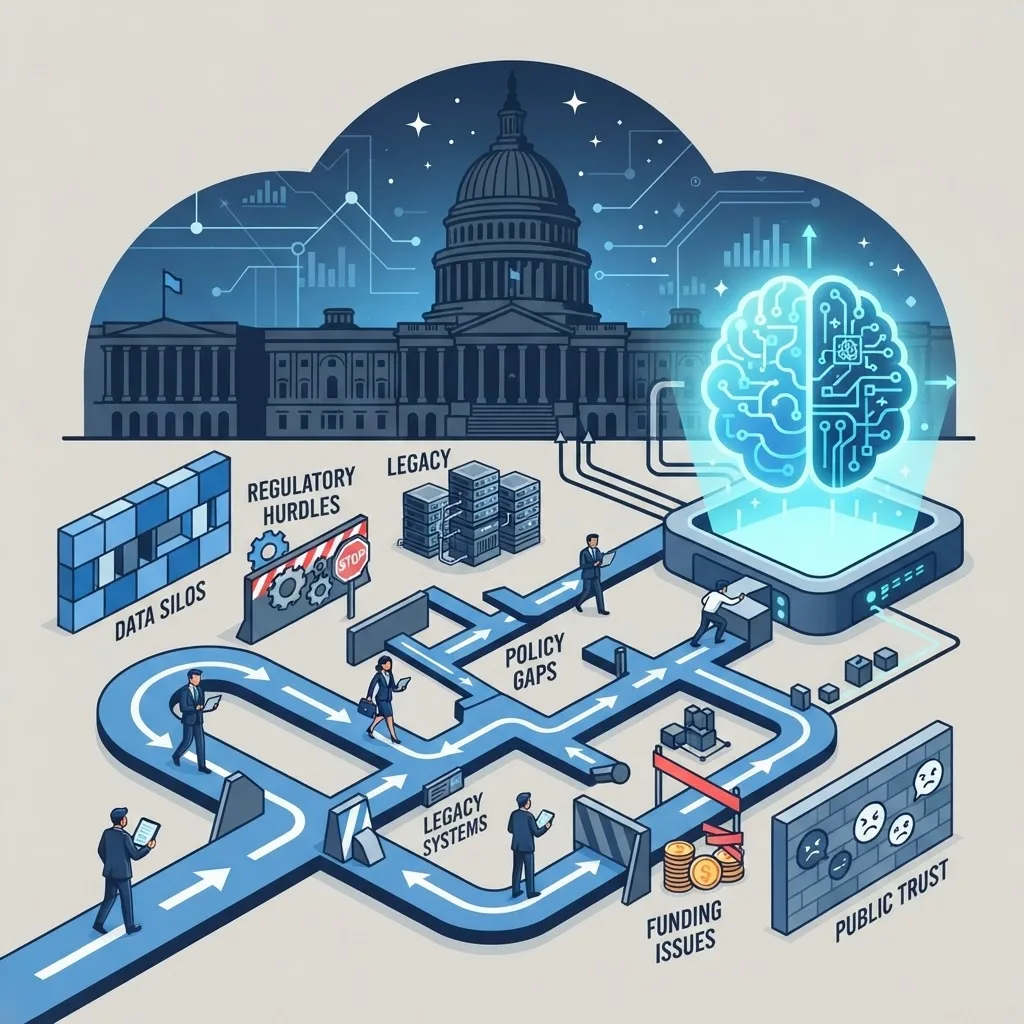 Federal AI implementation challenges shown as a maze toward an AI brain