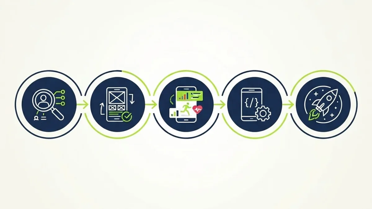 Flat diagram showing the five stages of fitness app development