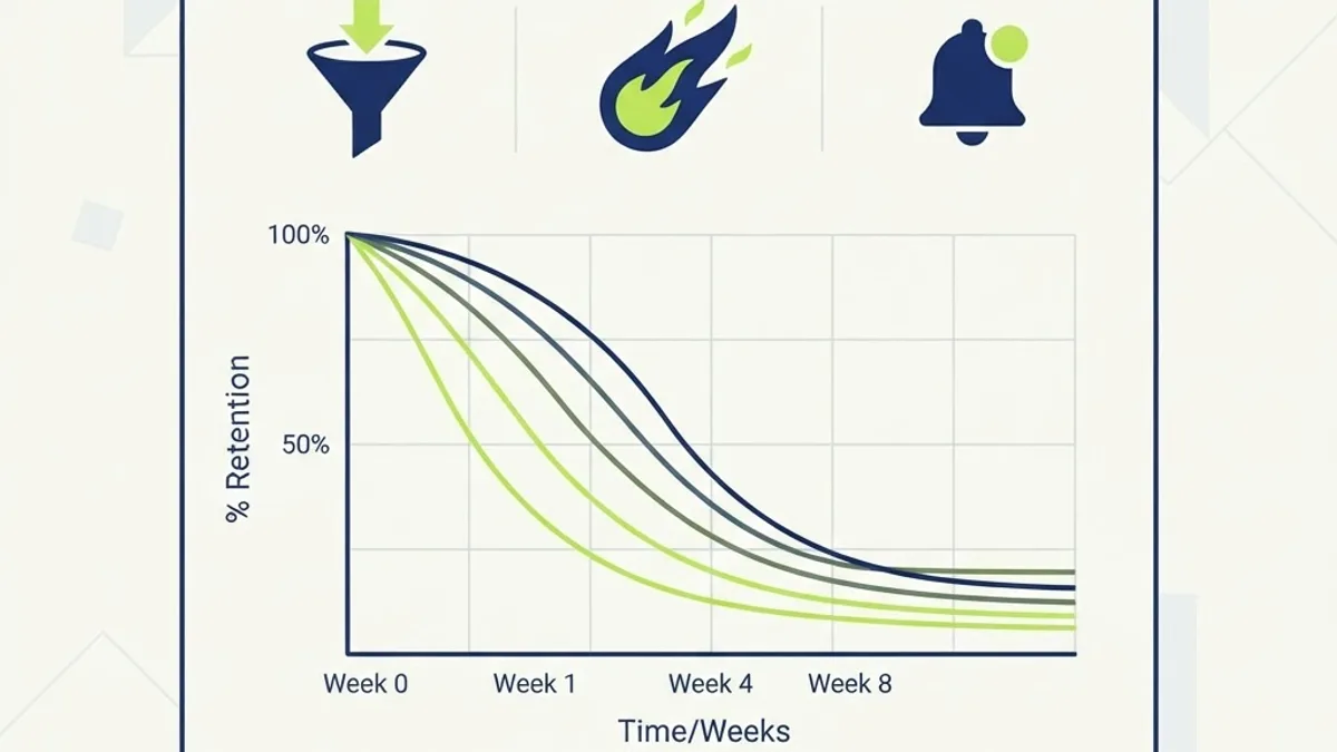 Retention analytics dashboard with cohort curve and streak badge