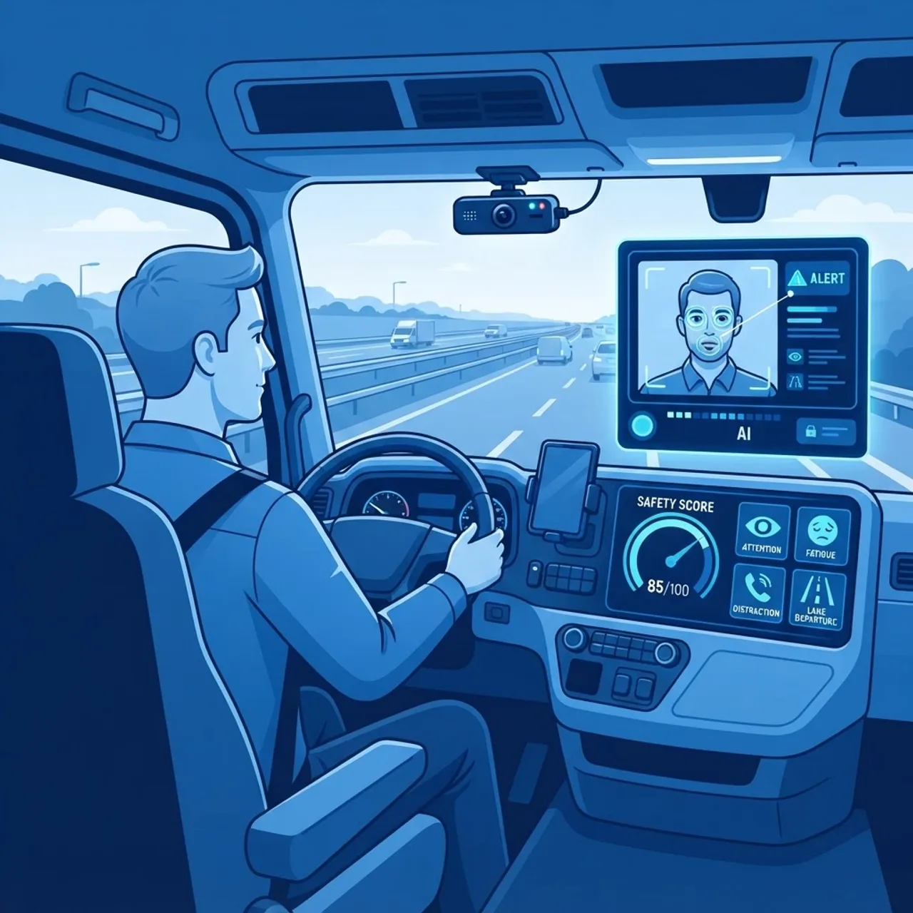 AI driver safety monitoring inside a truck cab with attention detection