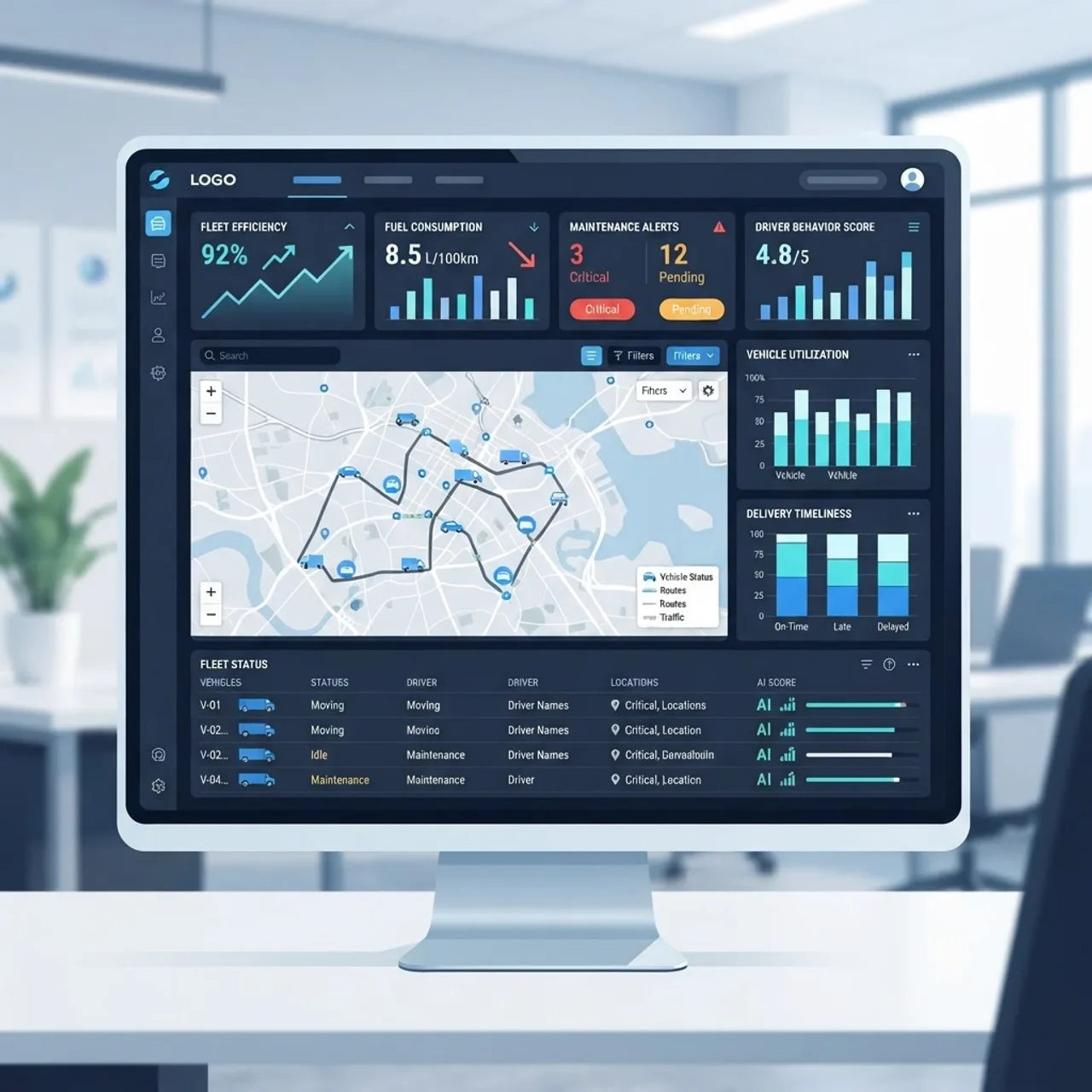 Fleet AI evaluation dashboard showing performance metrics and vehicle maps