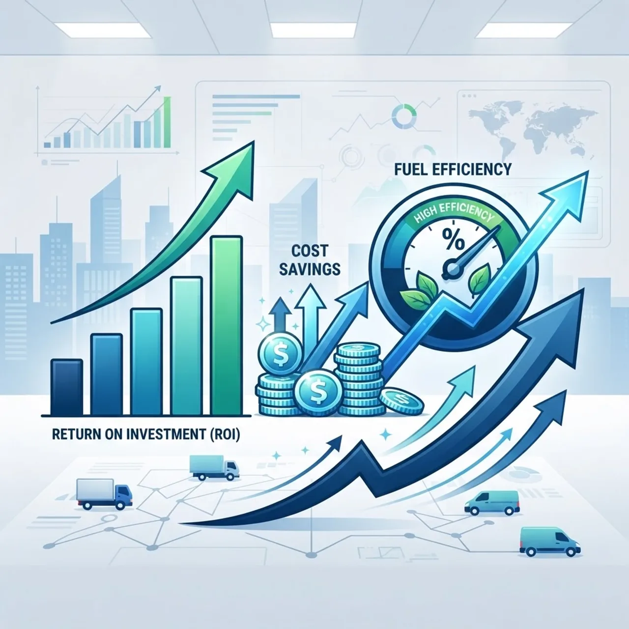 Fleet AI ROI metrics with rising charts and cost savings indicators