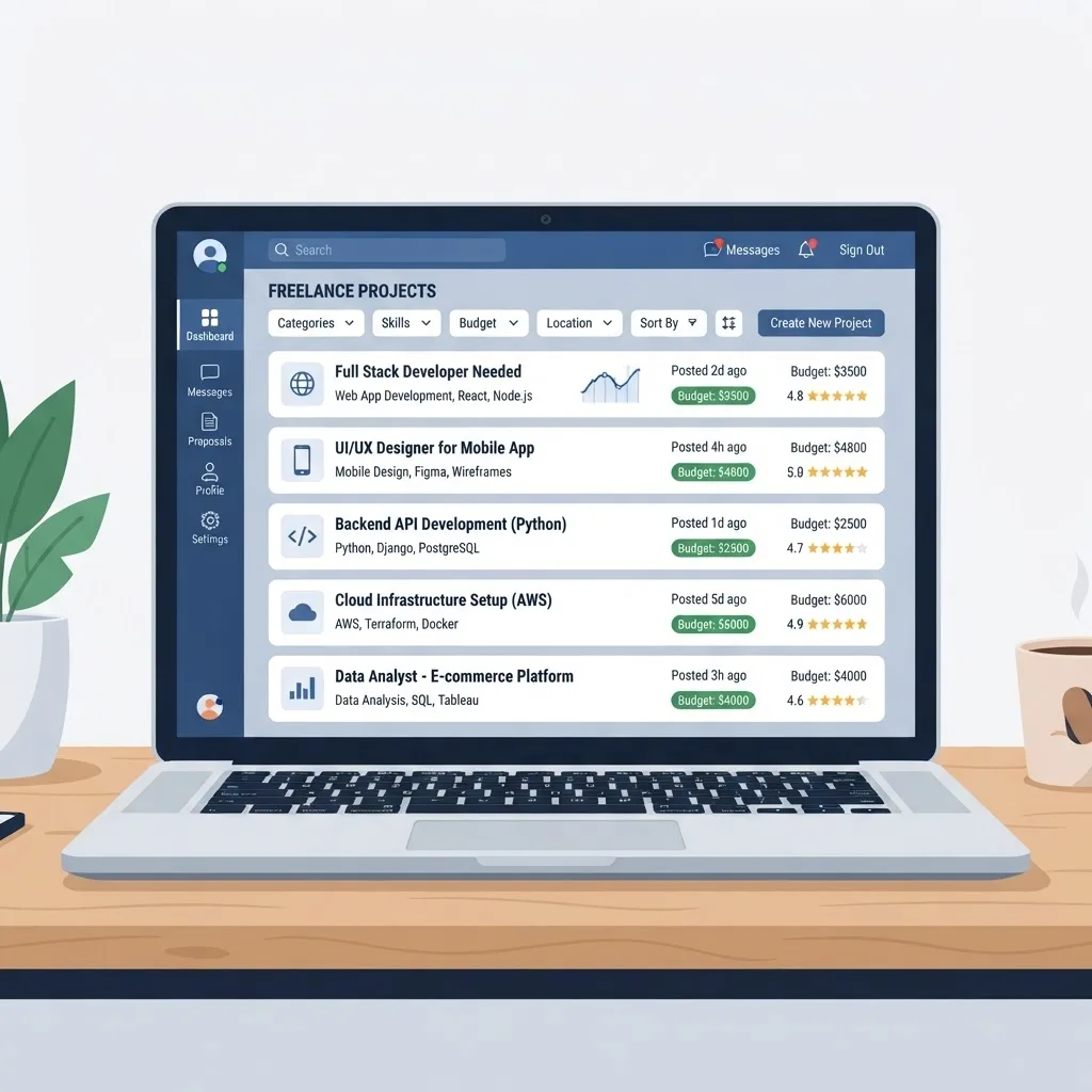Freelance marketplace dashboard showing software project listings