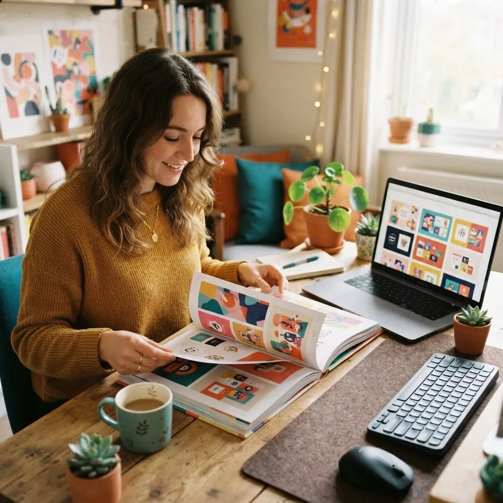 Freelance graphic designer reviewing a printed portfolio at a home studio