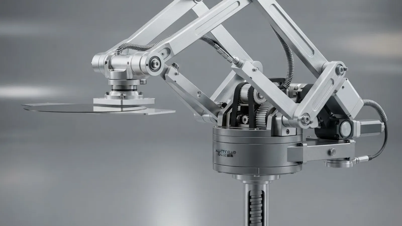 Engineering render of a frog-leg SCARA style wafer handling robot arm with extended paddle