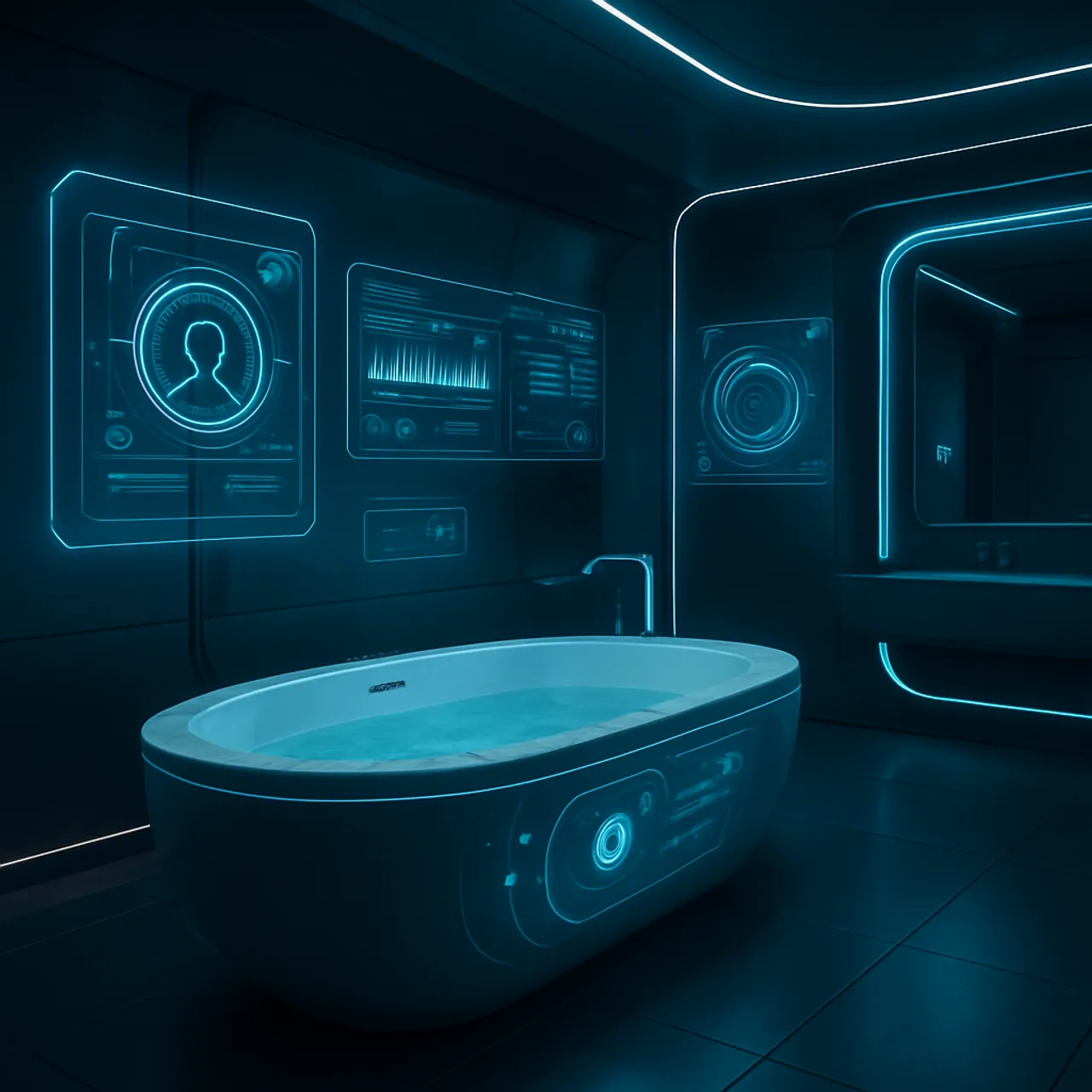Futuristic concept bathroom with an advanced AI smart bathtub
