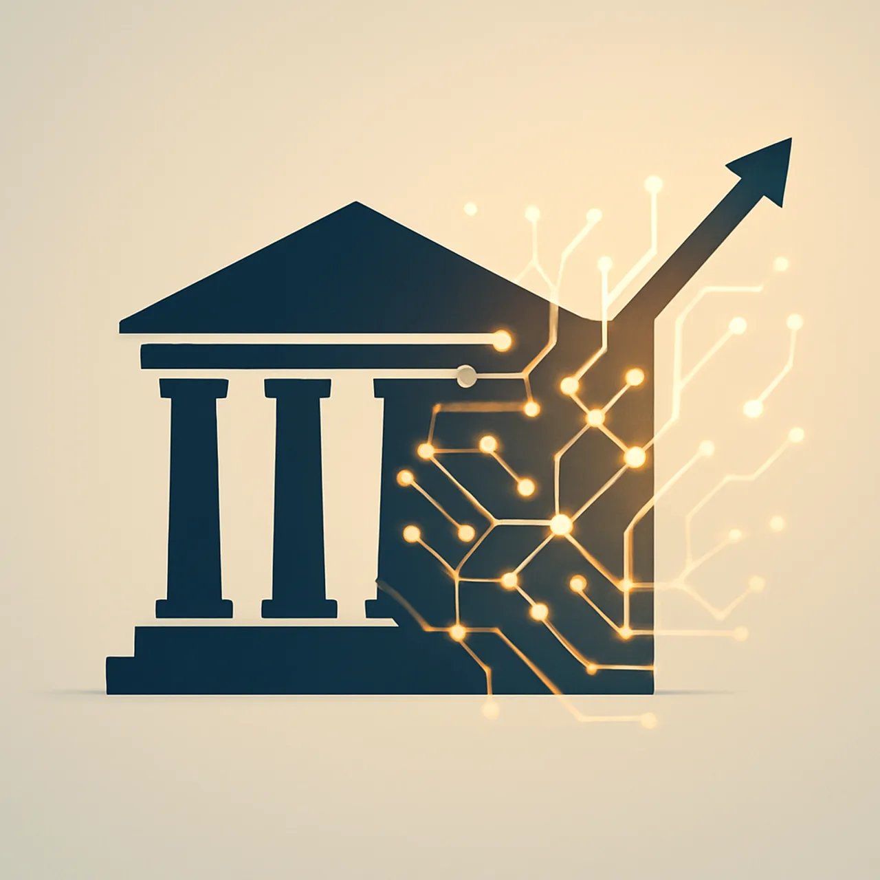 Future courthouse merging with digital network lines and an upward growth arrow
