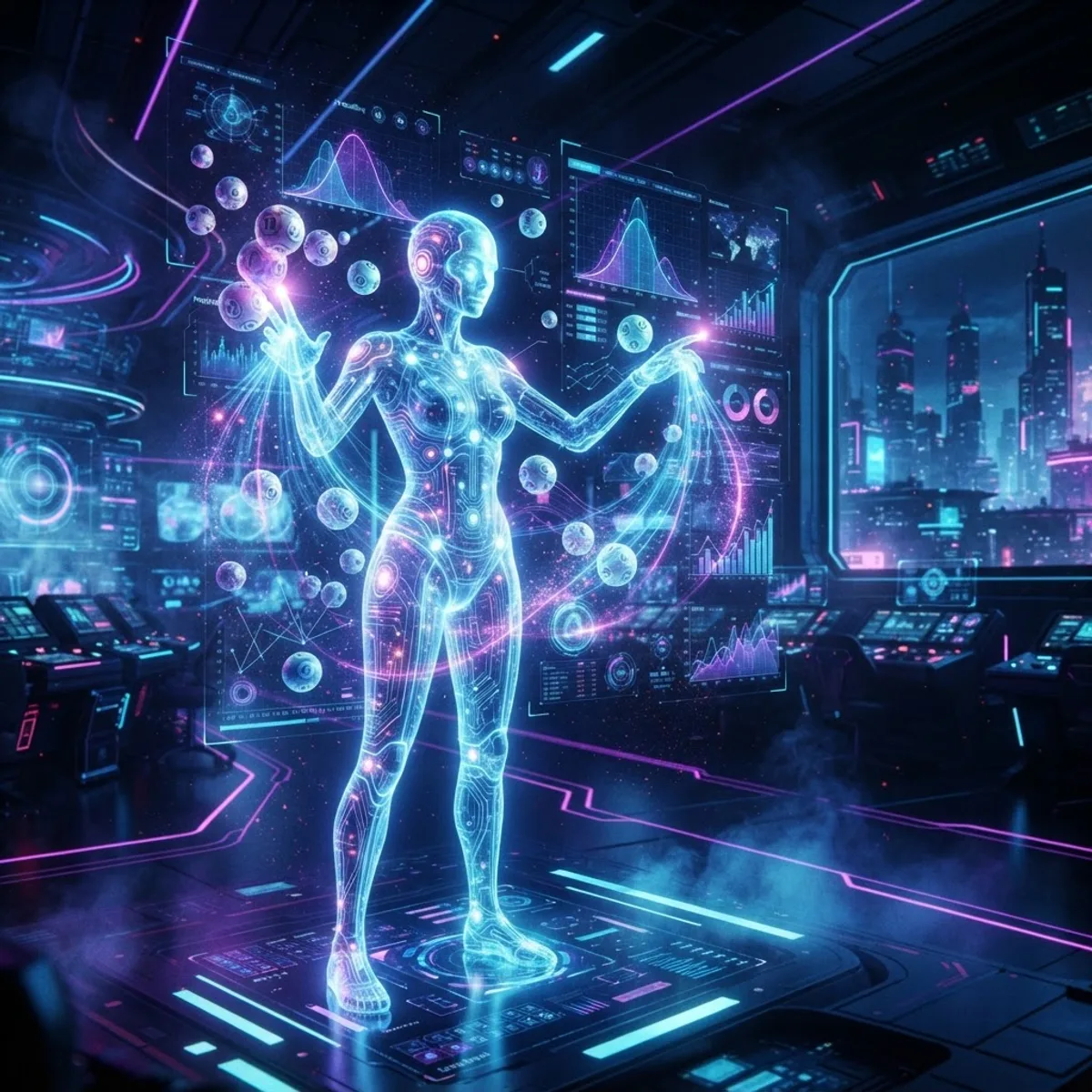 Futuristic AI figure interacting with holographic lottery data and charts