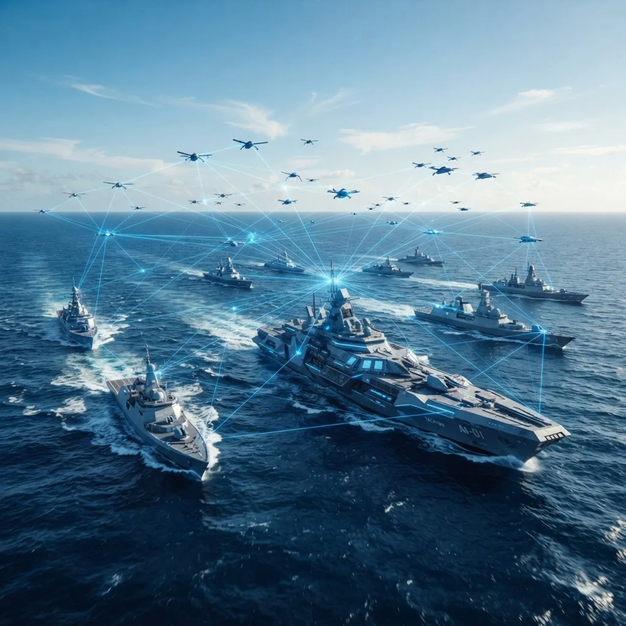 Futuristic AI-coordinated naval fleet moving in synchronized formation