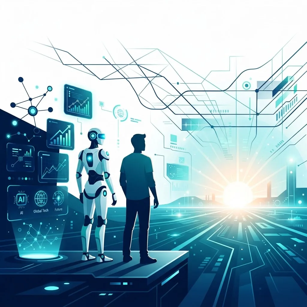Future of artificial intelligence with humanoid robot and human looking at horizon