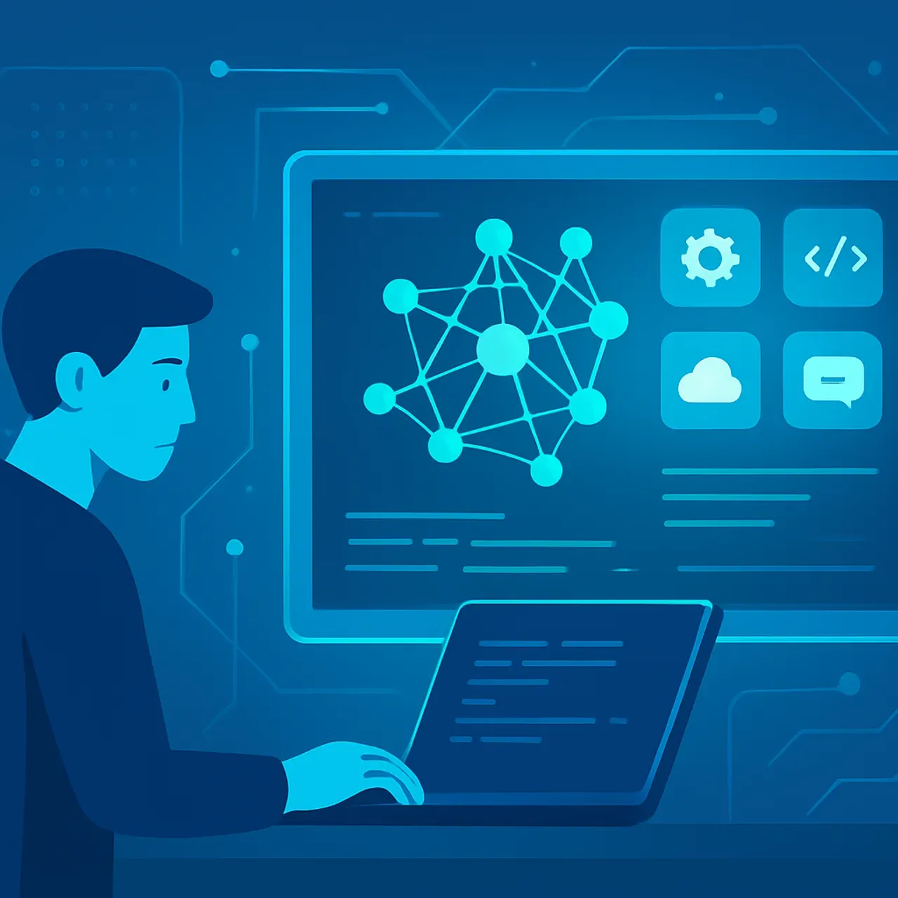 Futuristic illustration of AI-assisted computer programs