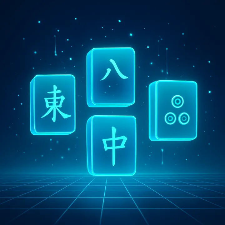 Holographic mahjong tiles floating above a digital horizon