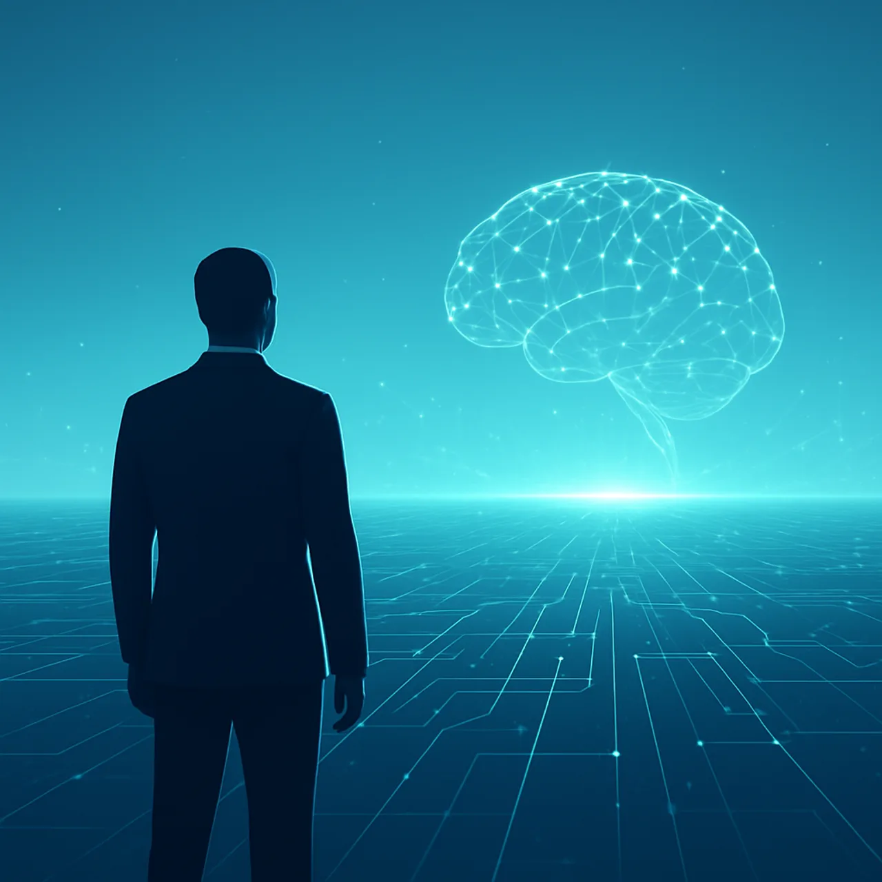 A person facing a glowing digital horizon of connected networks