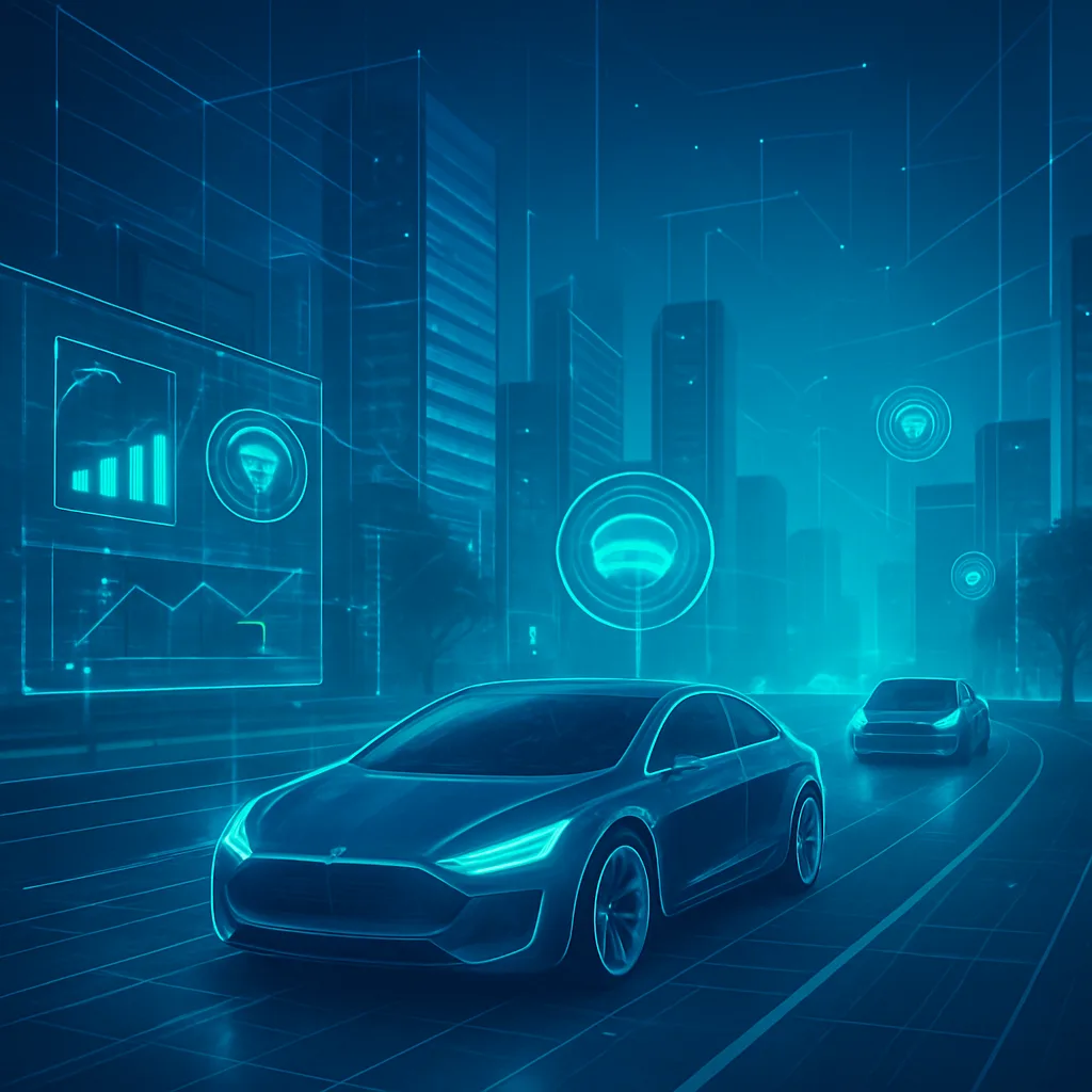Futuristic smart city with autonomous vehicles recognized by advanced AI