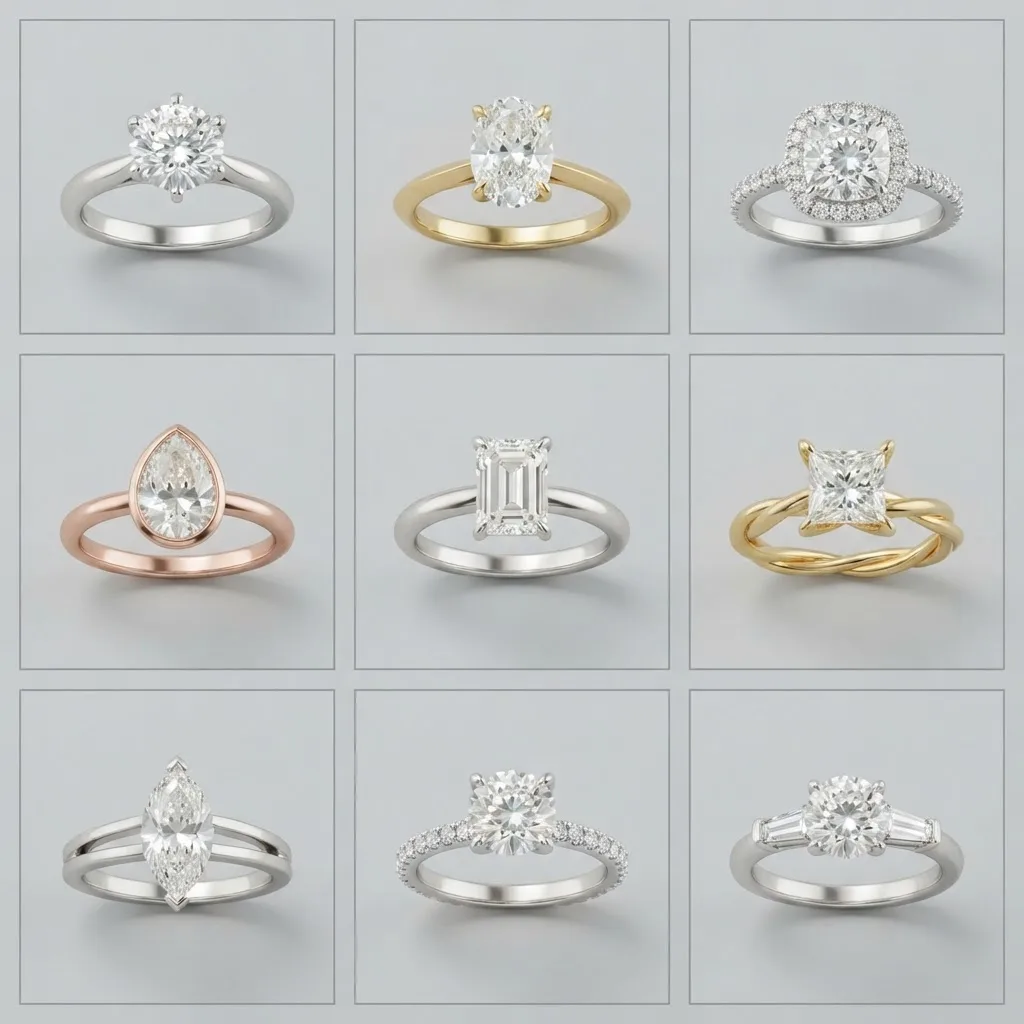 Grid of nine engagement ring design variations in gold and platinum