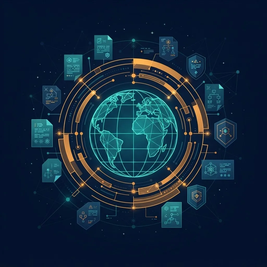 Wireframe globe surrounded by interlocking policy rings representing global AI governance frameworks