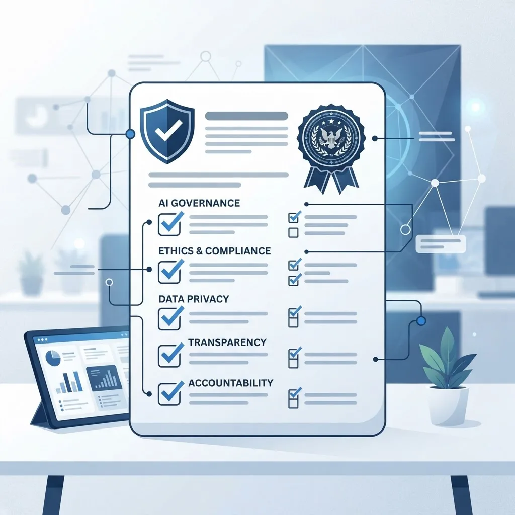 AI policy framework document with shield and government seal icons