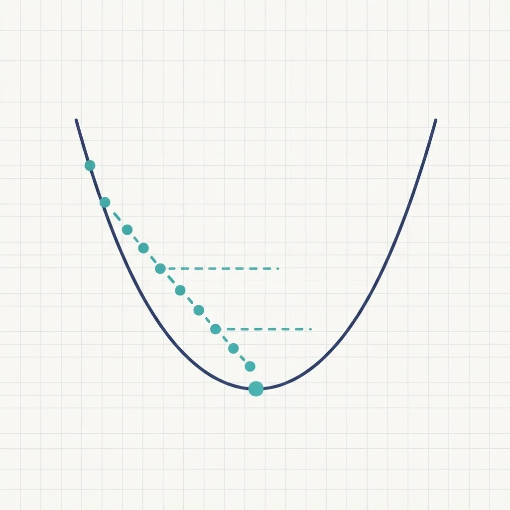 Gradient descent diagram with a ball stepping down a curve toward a minimum