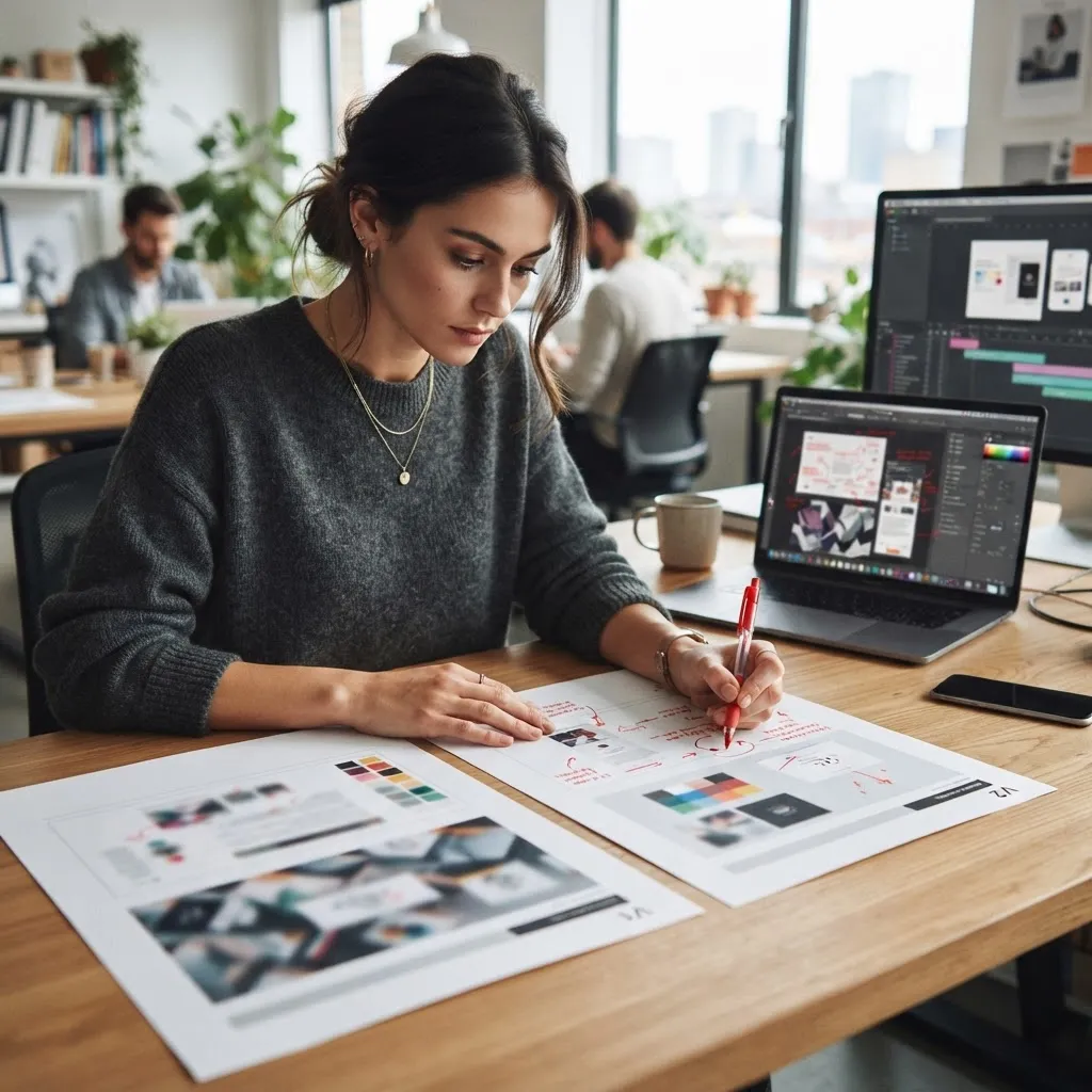 Designer comparing two printed design versions and making revision notes