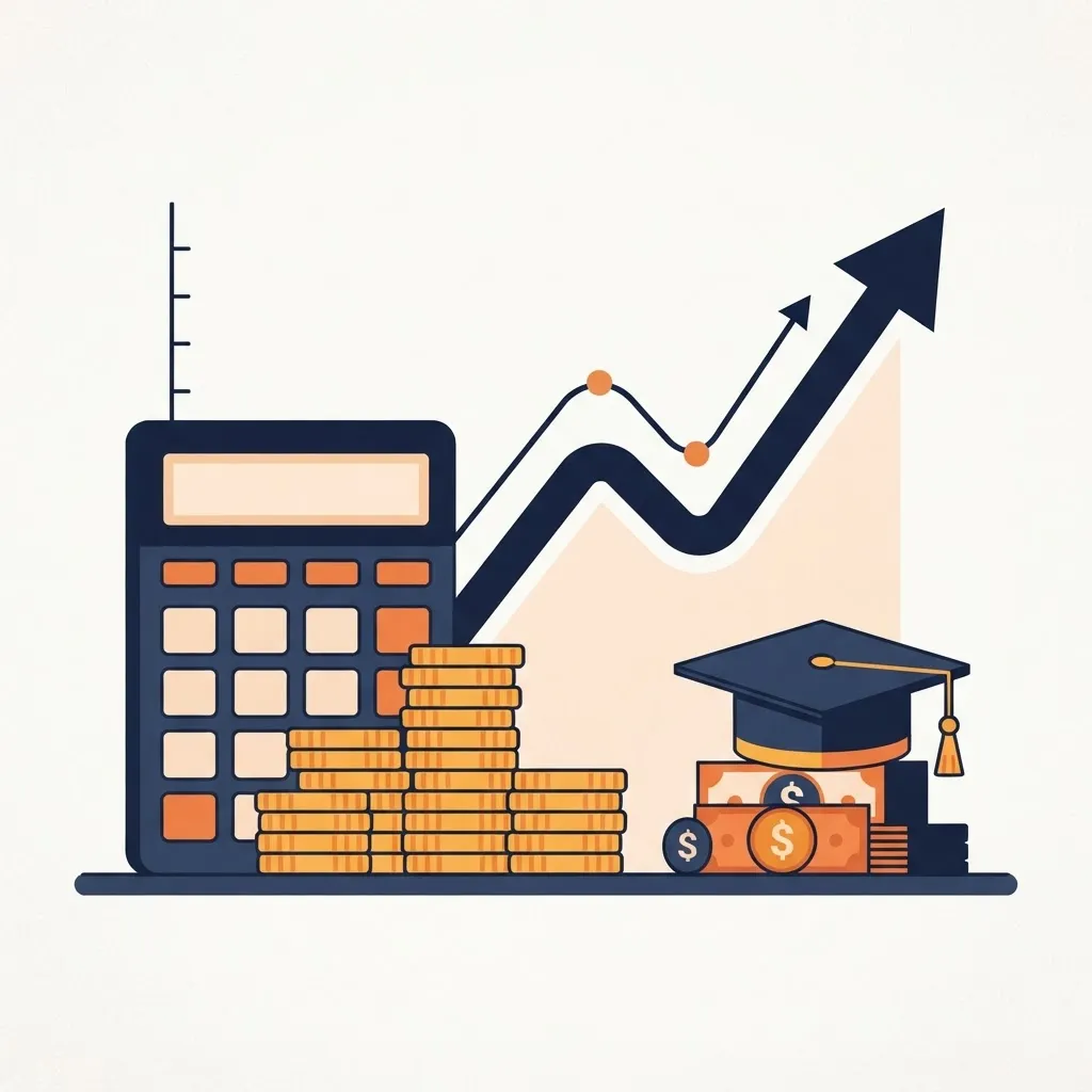 Calculator, graduation cap, and salary growth chart representing degree cost versus earnings