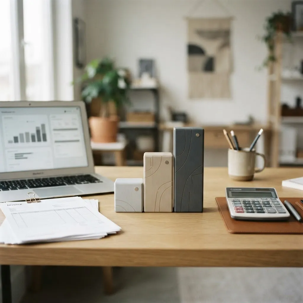 Tiered pricing concept with ascending blocks, calculator, and invoices on a desk