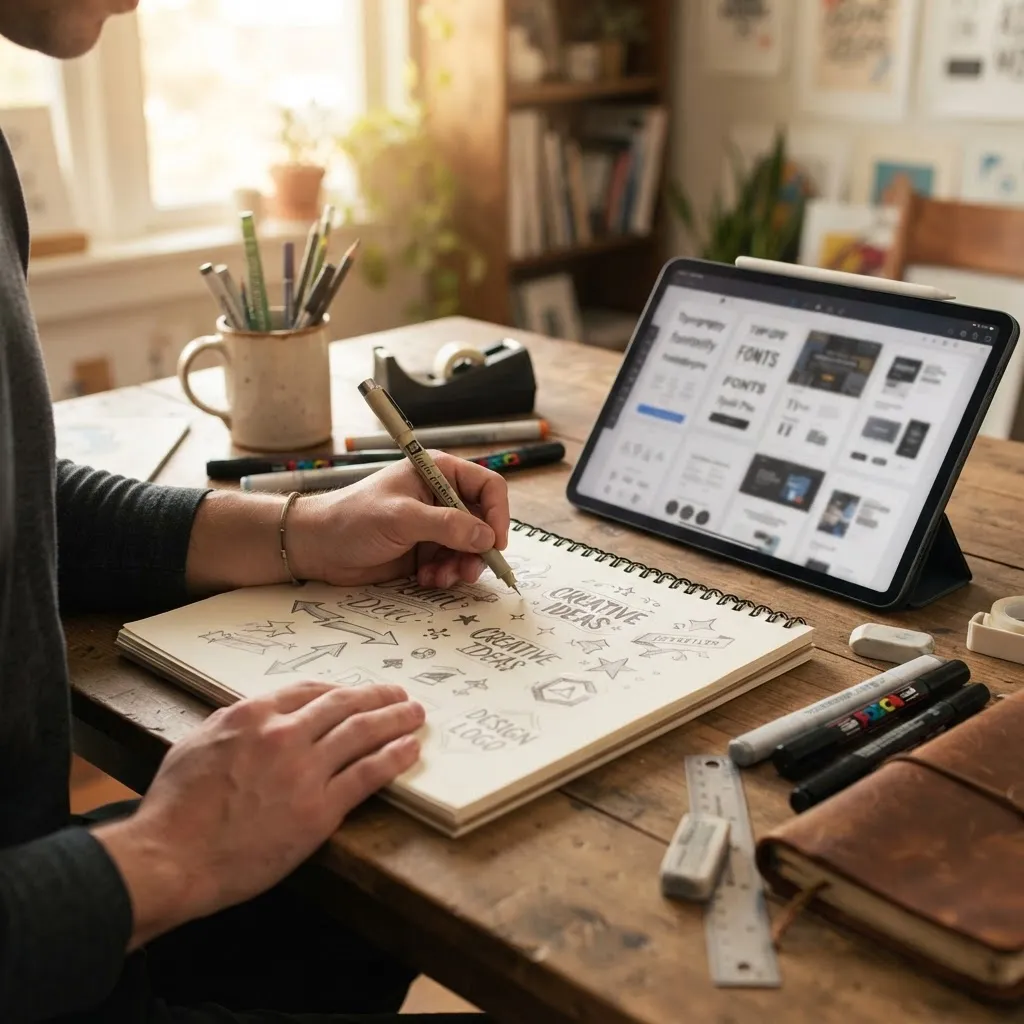 Designer practicing hand lettering and sketching icon concepts in a sketchbook