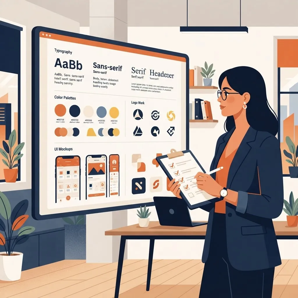 Hiring manager reviewing a design portfolio showing typography, branding, and UI work